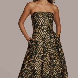 Donna Karan New York Vestido Black & Gold Cocktail Tea Length Dress Sz 12 w/Tags